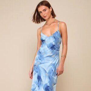 Bright Charm Blue Abstract Print Chiffon Slip Midi Dress